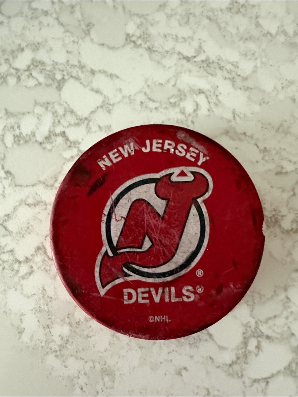 NHL New Jersey Devils Red and White Logo Hockey Puck
